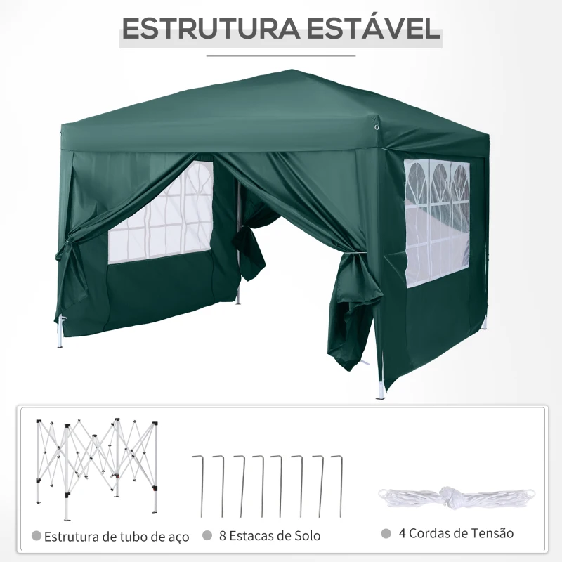 Outsunny Tenda de Jardim com Paredes Laterais Amovíveis Janelas Porta com Zíper e Bolsa de Transporte 295x295x195-258 cm Verde