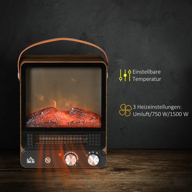 HOMCOM elektrische haard met vlameffect, geluidsarme staande haard met handgreep, verstelbare haard, 750/1500W binnenverwarming met oververhittingsbeveiliging voor woonkamers en interieurs(m-6)