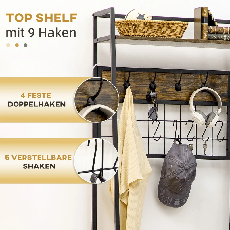 HOMCOM kapstok, 4-in-1 design, kledingrek met zitting, kapstok met schoenenrek, 5-laags zijplanken en 4 haken, kapstok, metaal, rustiek bruin, 104 x 40 x 183 cm
