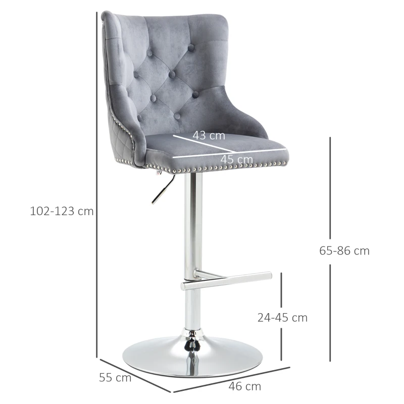 HOMCOM barkruk, kruk, set van 2 stuks, in hoogte verstelbaar, draaibare zitting, voetsteun, staal, grijs, 46 x 55 x 123 cm