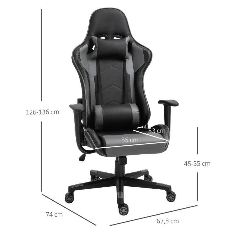 Vinsetto Ergonomic Office Chair, Gaming Chair, Swivel Chair, Faux Leather, Foam, Black, 67.5 x 74 x 126-136 cm
