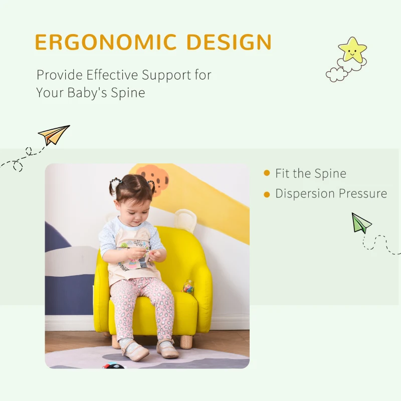 HOMCOM Cute Animal Kids Sofa Chair with Storage bags PU Leather Upholstered Single Sofa Couch for Kids Toddlers for Children's Room Bedroom Living room, Yellow