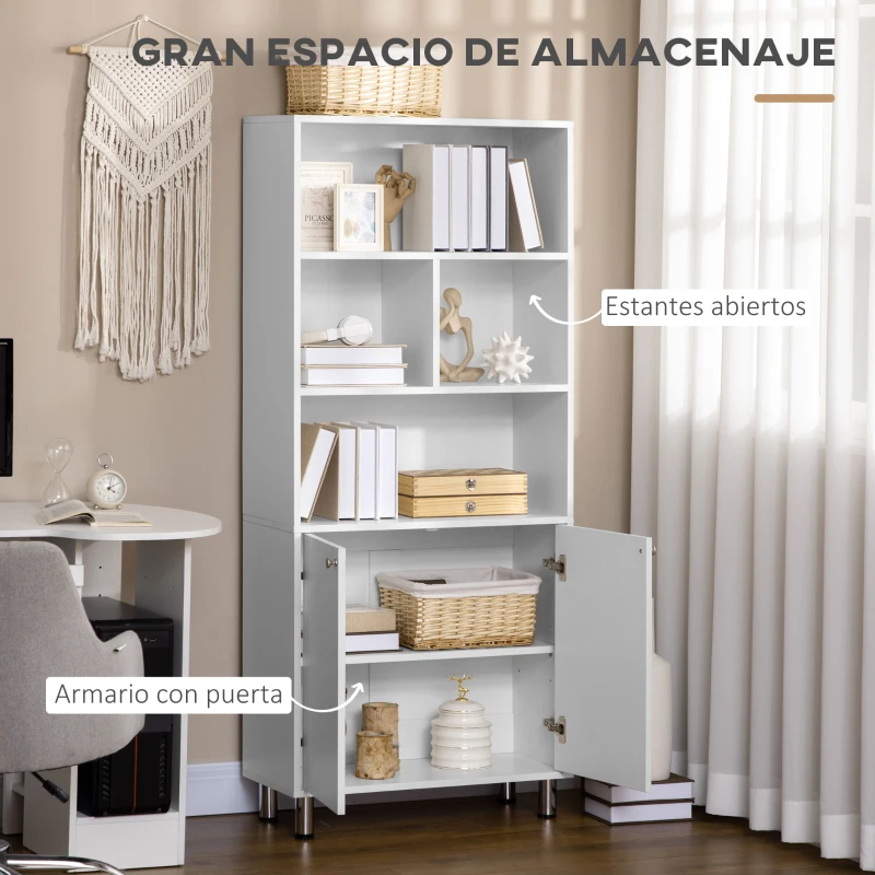 HOMCOM Estantería con Armario de 2 Puertas y Estantes Abiertos Librería para Salón Estudio Oficina 70x29,5x167 cm Blanco