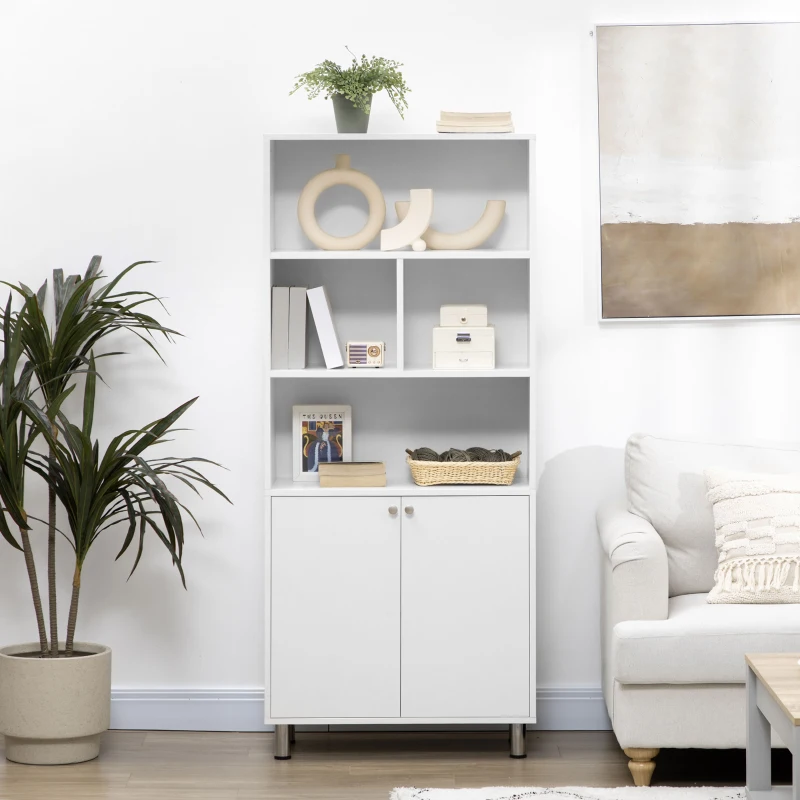 HOMCOM Estantería con Armario de 2 Puertas y Estantes Abiertos Librería para Salón Estudio Oficina 70x29,5x167 cm Blanco
