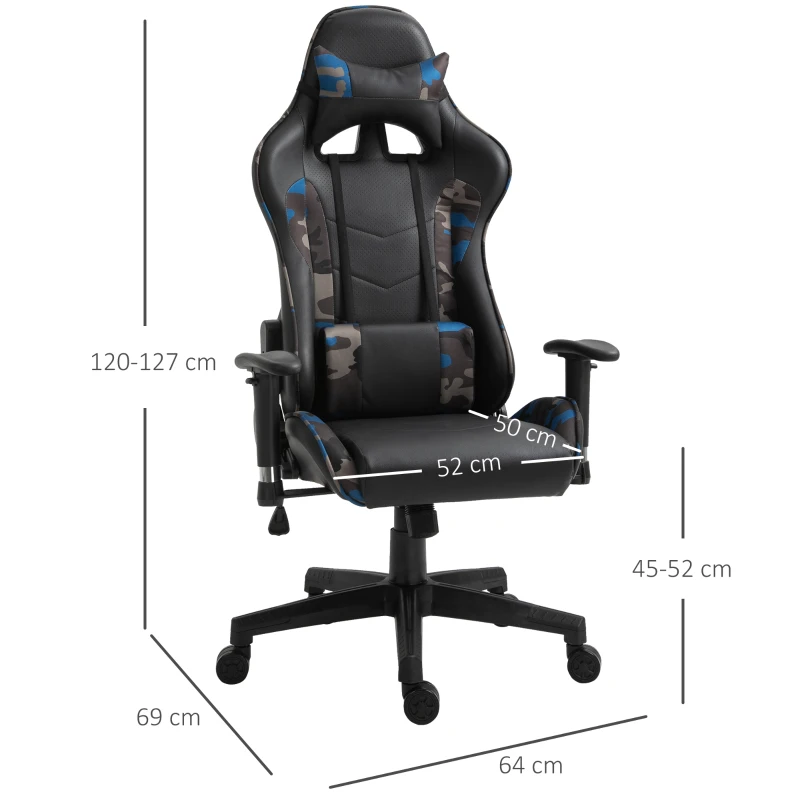 Vinsetto Massage Bürostuhl, Gaming Stuhl, Ergonomisch, Kunstleder, Schaumstoff, Nylon, Schwarz, Camouflage, 64 x 69 x 120-127 cm