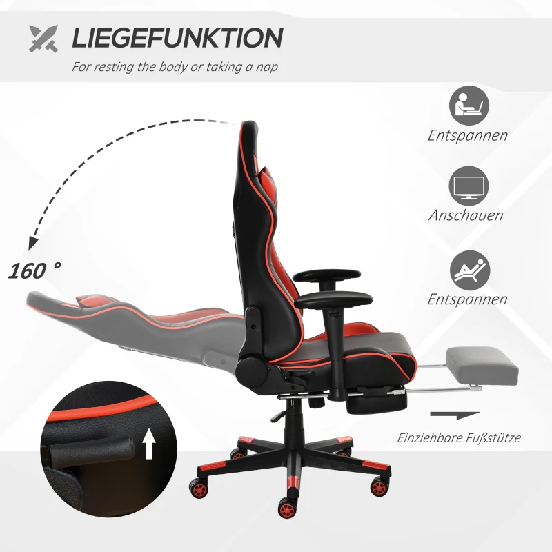 Vinsetto Gaming Stuhl mit Wipp- & Liegefunktion ergonomischer Schreibtischstuhl mit Fußstütze Kopfstütze Lendenkissen höhenverstellbarer Bürostuhl 90-160° Neigungswinkel Schwarz+Rot 72x72x121-130 cm