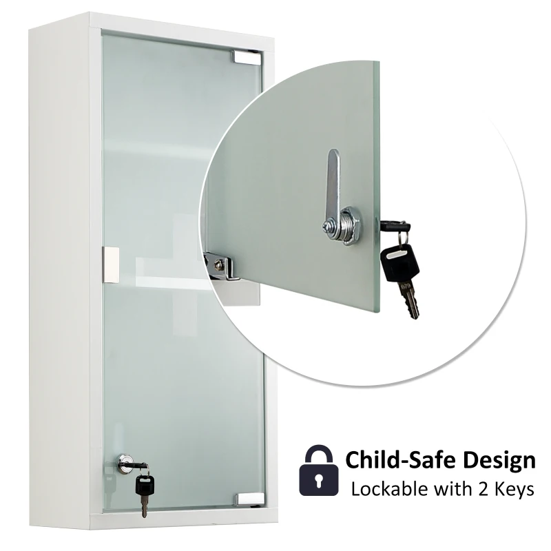 HOMCOM 3- Tier Wall Mount Medicine Cabinet Magnetic Door Lockable Frosted Glass Door - 27L x 12W x 57H (cm)