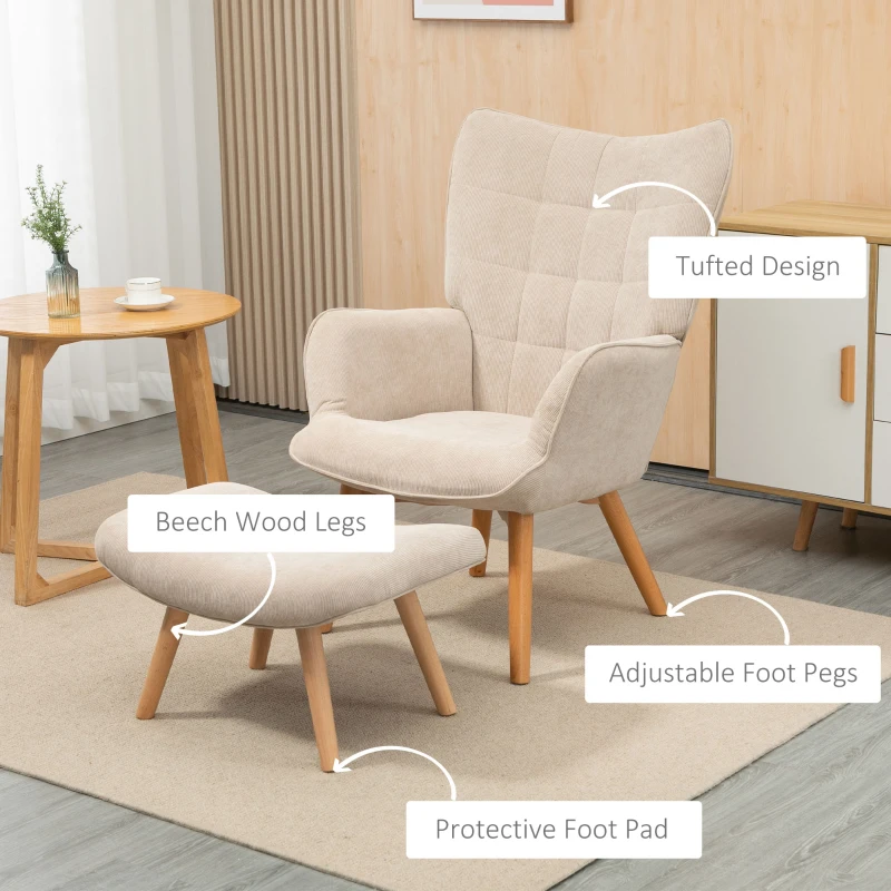 HOMCOM Accent Chair with Ottoman, Living Room Chairs with Steel Frame, Wooden Legs for Study, Bedroom and Home Office, Beige(m-5)