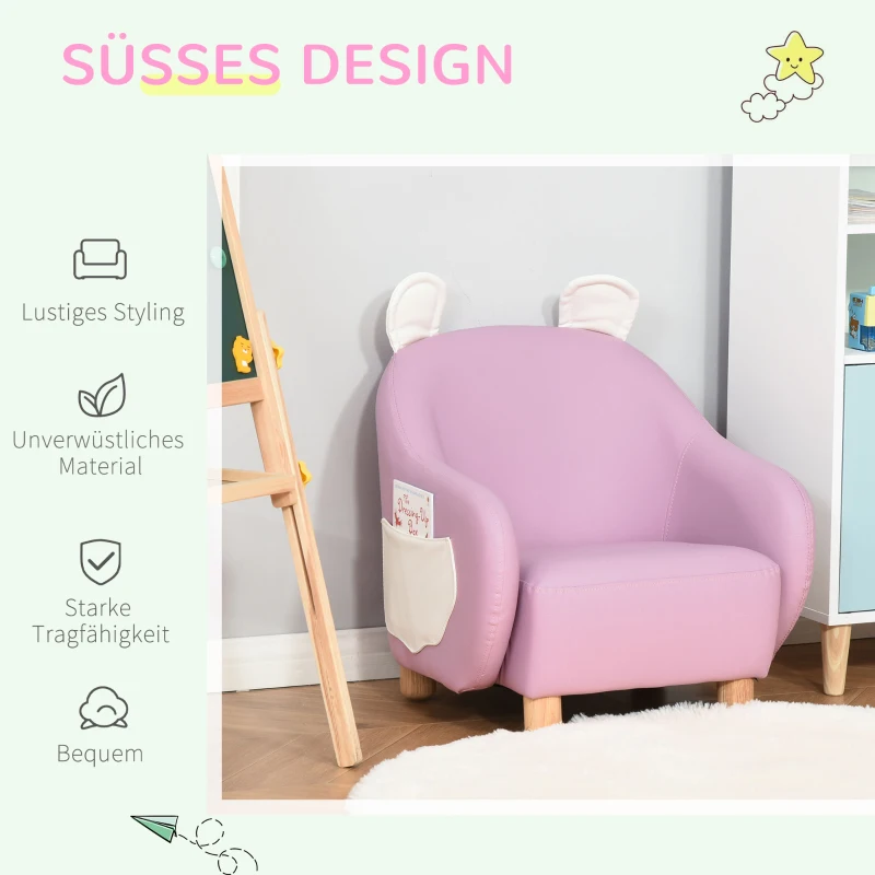 HOMCOM Cute Animal Kids Sofa Chair with Storage bags PU Leather Upholstered Single Sofa Couch for Kids Toddlers for Children's Room Bedroom Living room, Pink