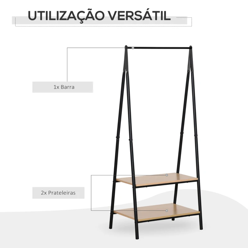 HOMCOM Suporte para Cabides com 2 Prateleiras de Armazenamento Barra para Pendurar e Estrutura de Aço 64x42,5x149 cm Preto