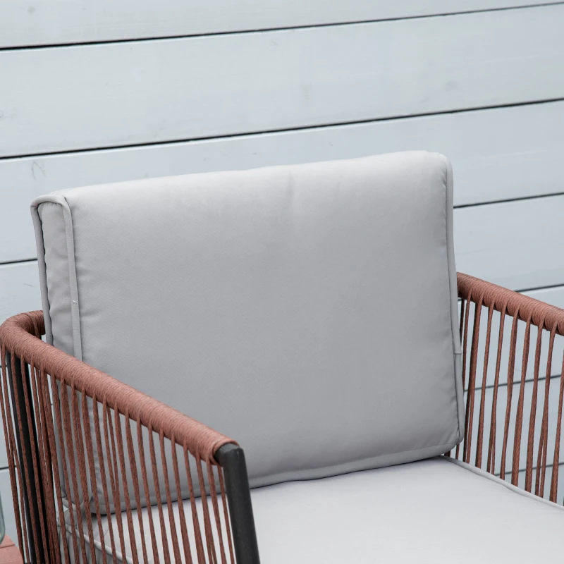 Outsunny Conjunto de Móveis de Jardim de Vime 3 Peças Incluí 1 Mesa de Centro e 2 Poltronas com Almofadas Acolchoadas Teca e Cinza