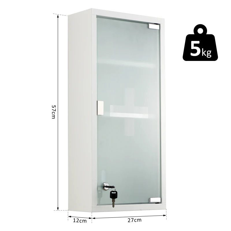 HOMCOM 3- Tier Wall Mount Medicine Cabinet Magnetic Door Lockable Frosted Glass Door - 27L x 12W x 57H (cm)