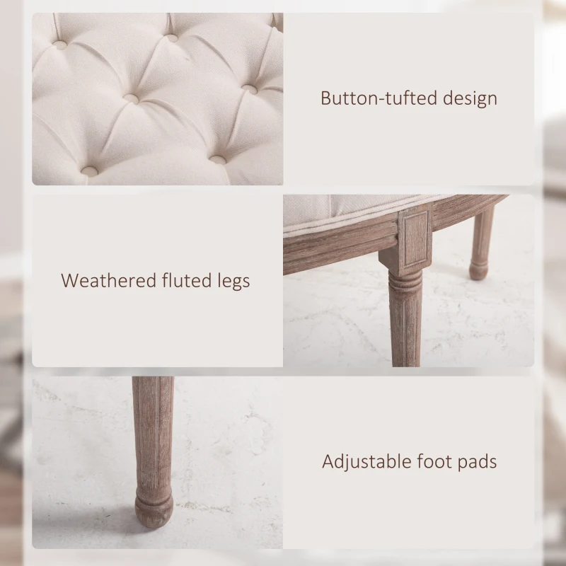 HOMCOM Half-Circle End of Bed Bench, Tufting Ottoman Footstool with Padded Seat and Brushed Wood Base, Antique Window Seat, Cream White