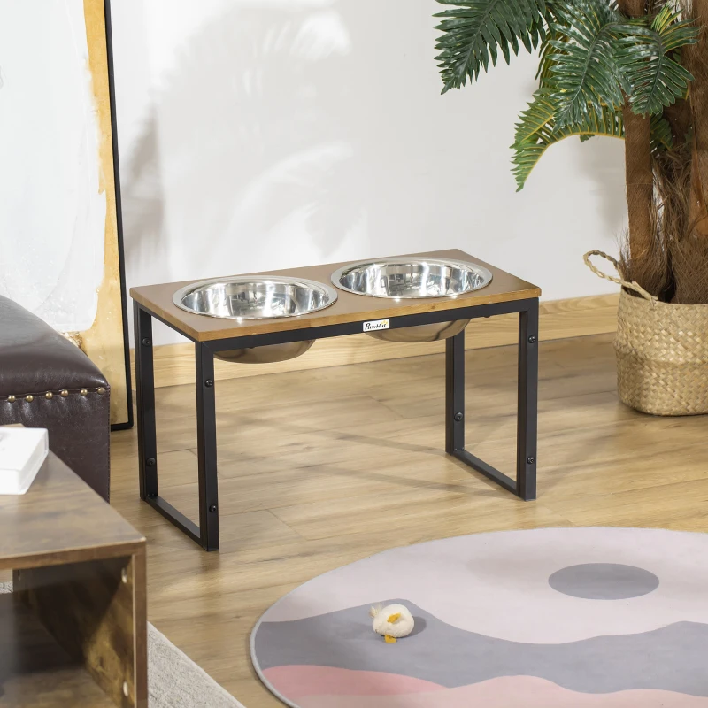 PawHut Elevated Dog Bowls with Stand, Raised Dog Feeder for Large Medium Dogs, Oak