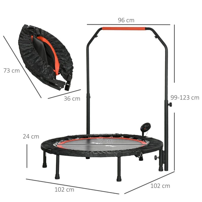 SPORTNOW Mini-Trampoline, met in hoogte verstelbare handgreep, LCD-monitor, Staal, zwart+rood, Ø102 x 99-123cm