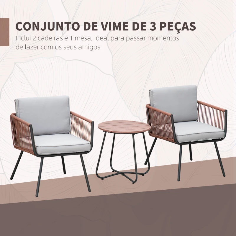 Outsunny Conjunto de Móveis de Jardim de Vime 3 Peças Incluí 1 Mesa de Centro e 2 Poltronas com Almofadas Acolchoadas Teca e Cinza