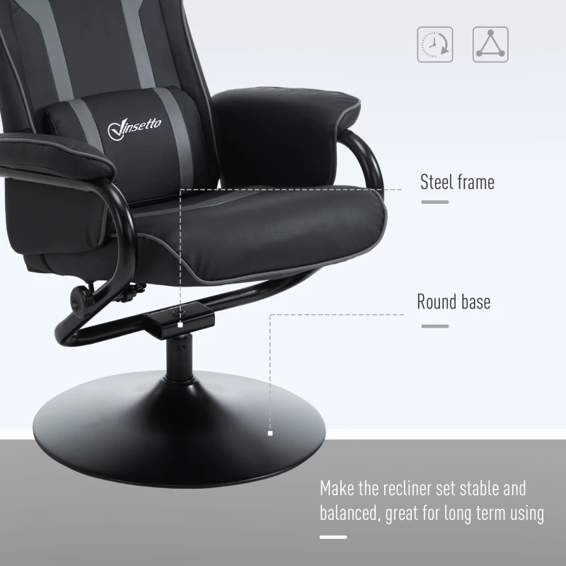 Vinsetto Gamer Recliner Chair, with Footrest, Removable Headrest and Lumbar Support, Tilt Function, Black and Grey