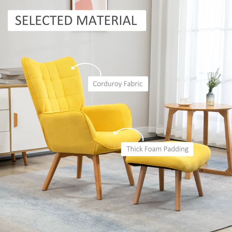 HOMCOM Modern Accent Chair with Ottoman, Living Room Chairs with Steel Frame, Wooden Legs for Living Room, Study, Bedroom and Home Office, Yellow(m-4)