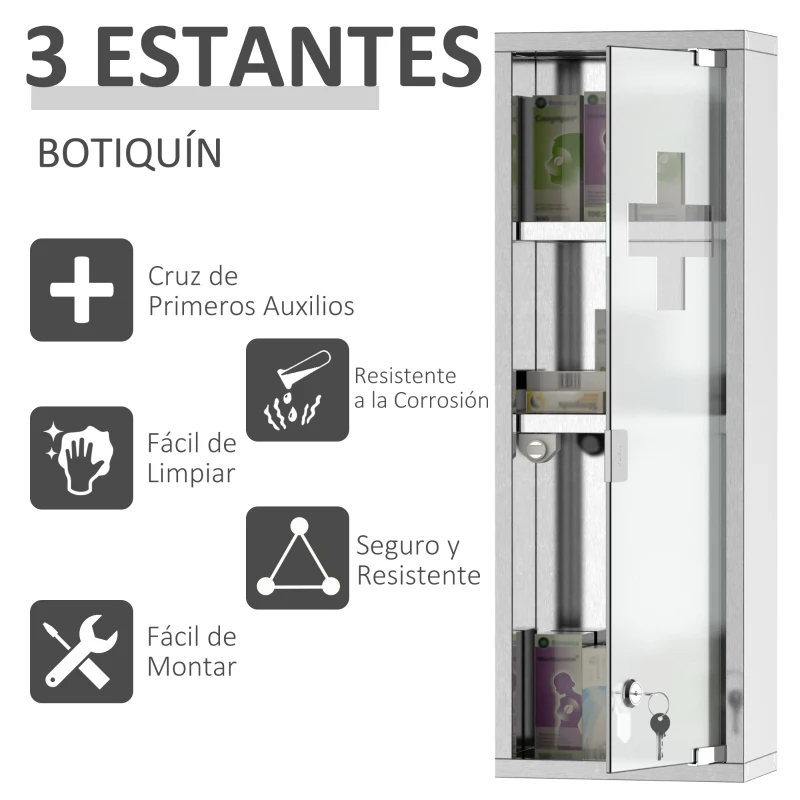 kleankin Botiquín de Medicina y Primeros Auxilios para Baño con Bloqueo y 3 Estantes con Puerta de Vidrio Templado de Acero Inoxidable 20x12x58 cm Plata