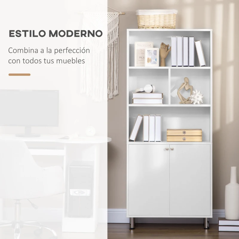 HOMCOM Estantería con Armario de 2 Puertas y Estantes Abiertos Librería para Salón Estudio Oficina 70x29,5x167 cm Blanco