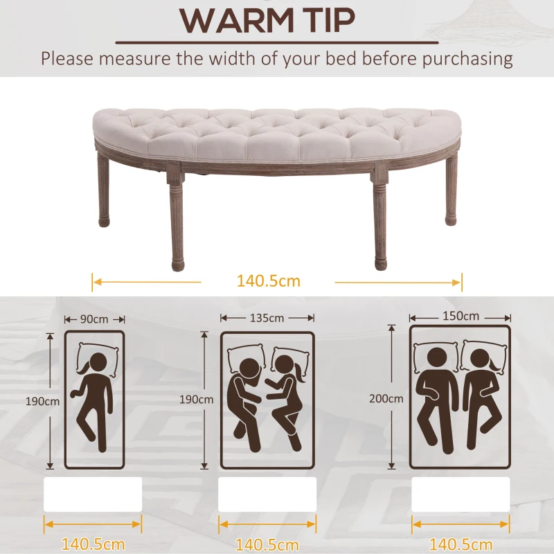 HOMCOM Half-Circle End of Bed Bench, Tufting Ottoman Footstool with Padded Seat and Brushed Wood Base, Antique Window Seat, Cream White