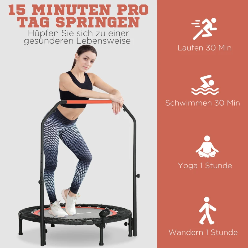 SPORTNOW Mini-Trampoline, met in hoogte verstelbare handgreep, LCD-monitor, Staal, zwart+rood, Ø102 x 99-123cm