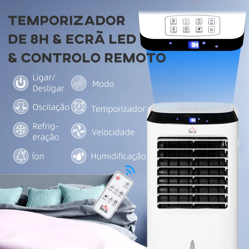 HOMCOM Climatizador Refrigerador de Ar Portátil 10L Humidificador Ventoinha 60W Temporizador 3 Velocidades 3 Modos 38,2x31,6x76 cm Branco