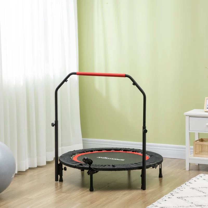 SPORTNOW Mini-Trampoline, met in hoogte verstelbare handgreep, LCD-monitor, Staal, zwart+rood, Ø102 x 99-123cm