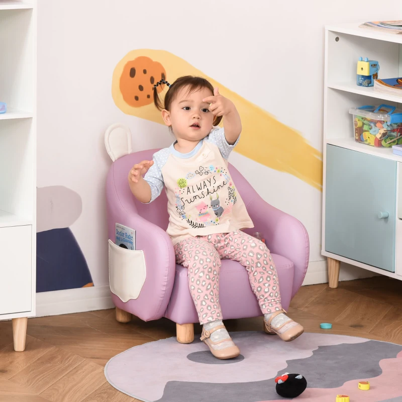 HOMCOM Cute Animal Kids Sofa Chair with Storage bags PU Leather Upholstered Single Sofa Couch for Kids Toddlers for Children's Room Bedroom Living room, Pink