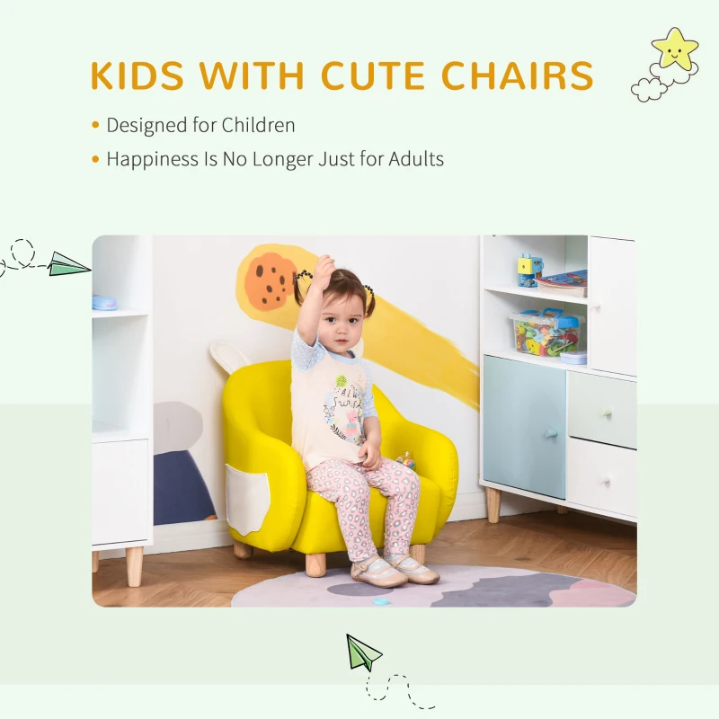 HOMCOM Cute Animal Kids Sofa Chair with Storage bags PU Leather Upholstered Single Sofa Couch for Kids Toddlers for Children's Room Bedroom Living room, Yellow