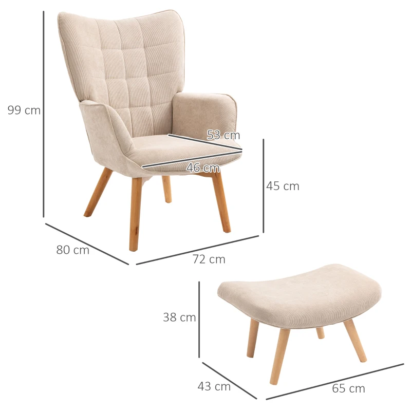 HOMCOM Accent Chair with Ottoman, Living Room Chairs with Steel Frame, Wooden Legs for Study, Bedroom and Home Office, Beige(m-3)