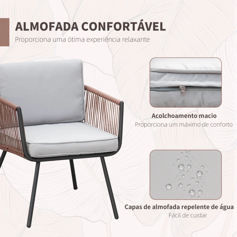 Outsunny Conjunto de Móveis de Jardim de Vime 3 Peças Incluí 1 Mesa de Centro e 2 Poltronas com Almofadas Acolchoadas Teca e Cinza