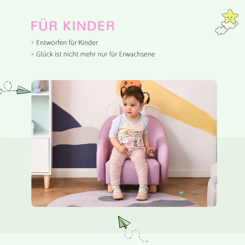 HOMCOM Cute Animal Kids Sofa Chair with Storage bags PU Leather Upholstered Single Sofa Couch for Kids Toddlers for Children's Room Bedroom Living room, Pink