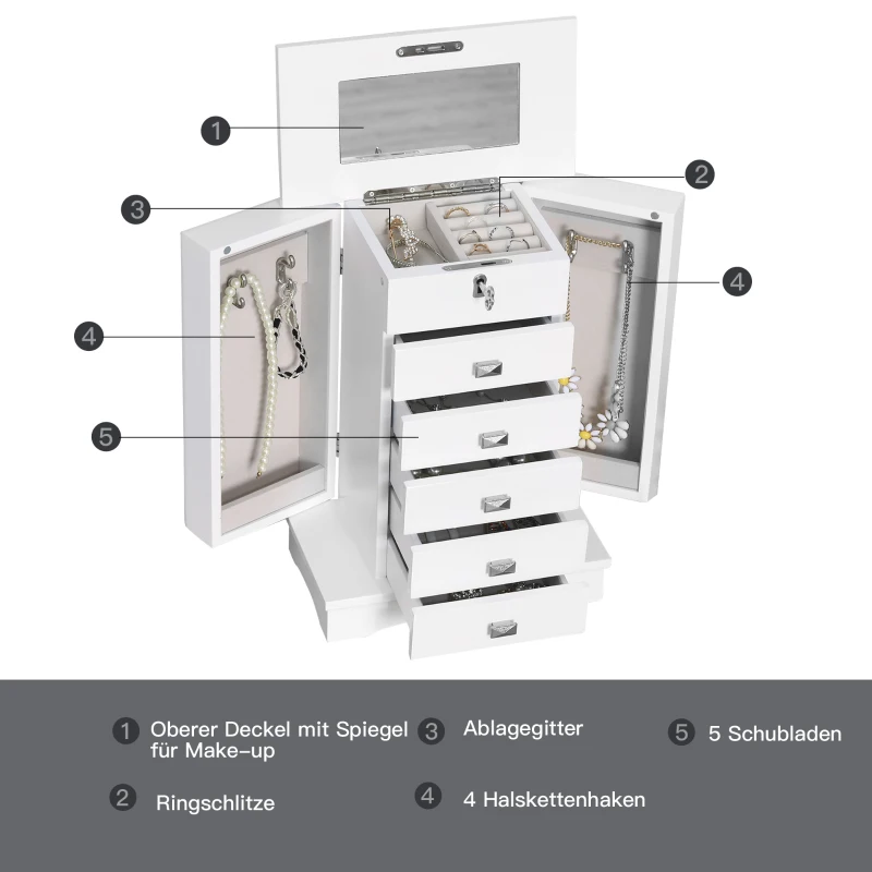 Szkatułka na biżuterię z lusterkiem kasetka na biżuterię biała pudełko na biżuterię z uchwytem kolor biały