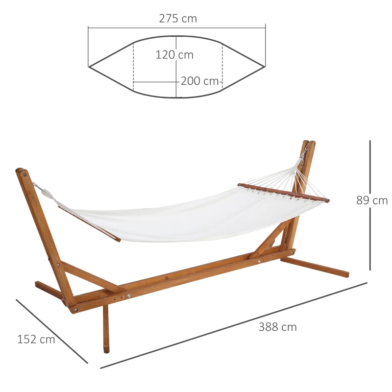 Outsunny Hamak z regulowanym stelażem, Składany Hamak na stojaku z drewna sosnowego, Do użytku na zewnątrz i wewnątrz, Kremowy+Natura, 388 x 120 x 89 cm