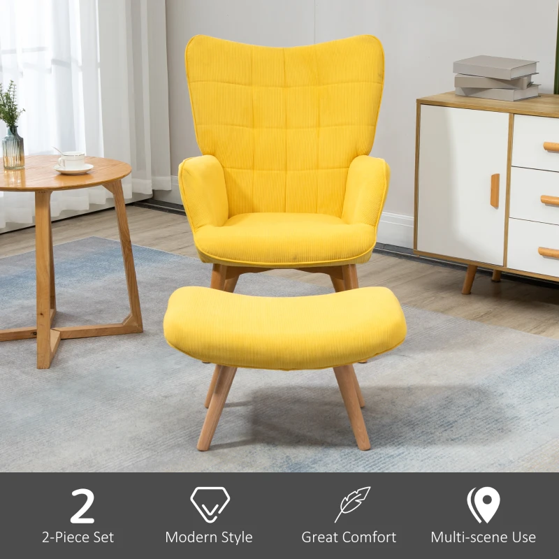 HOMCOM Modern Accent Chair with Ottoman, Living Room Chairs with Steel Frame, Wooden Legs for Living Room, Study, Bedroom and Home Office, Yellow(m-6)