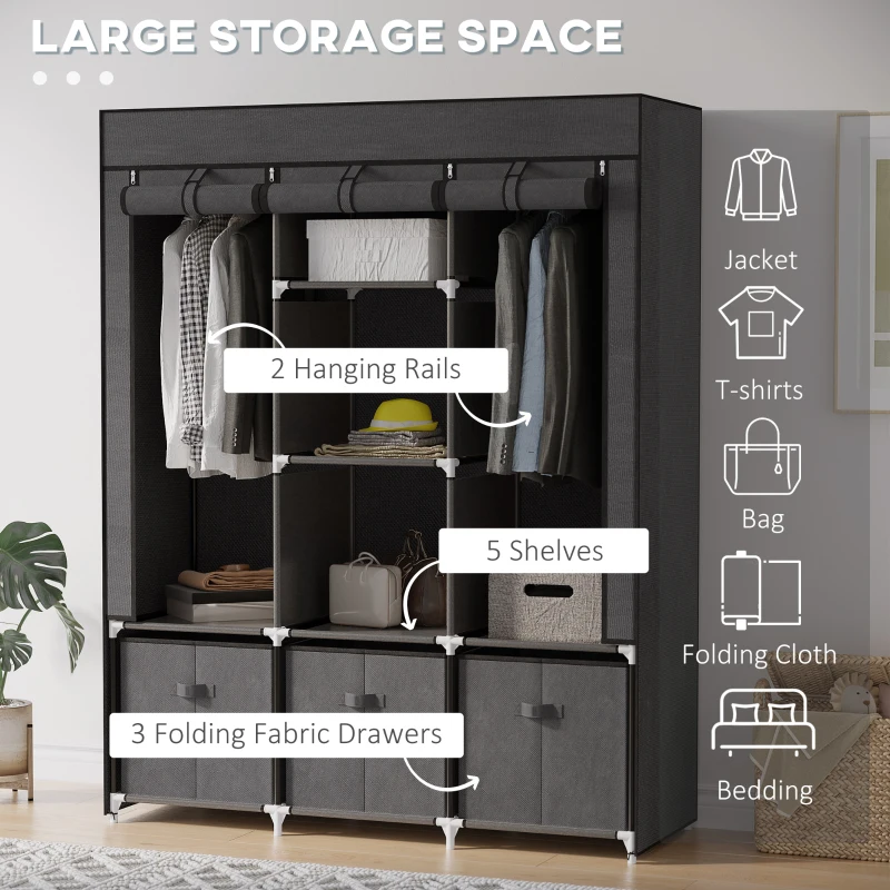 HOMCOM Fabric Wardrobe for Bedroom, Portable Wardrobe with 5 Shelves, 2 Hanging Rails and 3 Fabric Drawers, Foldable Closet, 125 x 43 x 162.5cm, Dark Grey