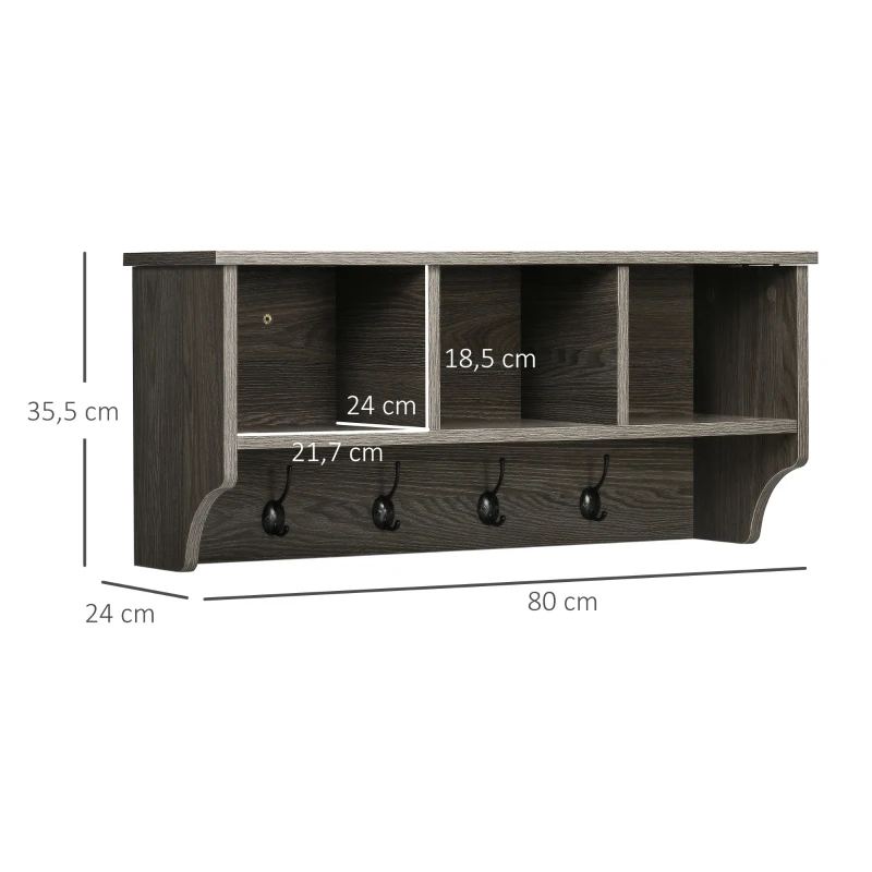 HOMCOM Móvel Cabide de Entrada Prateleira Flutuante com 4 Ganchos e 3 Compartimentos 80x24x35,5cm Cinza Escuro