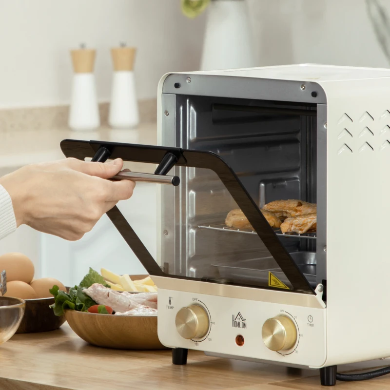 HOMCOM mini-oven 15L, pizzaoven met convectie, 1000 W elektrische mini-oven inclusief bakplaatset, kruimelbak, 1 uur Timer, 60-230 ℃, crèmewit