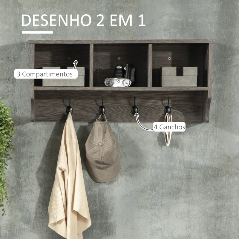 HOMCOM Móvel Cabide de Entrada Prateleira Flutuante com 4 Ganchos e 3 Compartimentos 80x24x35,5cm Cinza Escuro