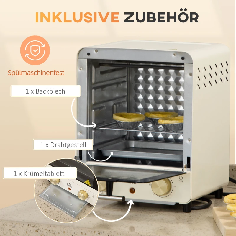 HOMCOM mini-oven 15L, pizzaoven met convectie, 1000 W elektrische mini-oven inclusief bakplaatset, kruimelbak, 1 uur Timer, 60-230 ℃, crèmewit
