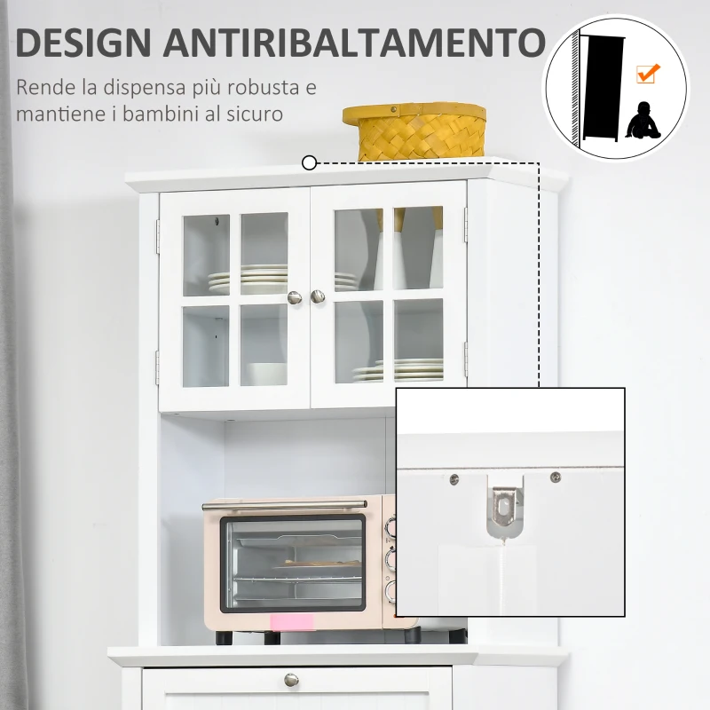 HOMCOM Mobile Dispensa Alto con 2 Armadietti, Ripiani Regolabili e Piano d'Appoggio, in MDF, 68.6x40x164 cm, Bianco