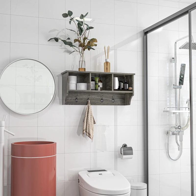 HOMCOM Móvel Cabide de Entrada Prateleira Flutuante com 4 Ganchos e 3 Compartimentos 80x24x35,5cm Cinza Escuro
