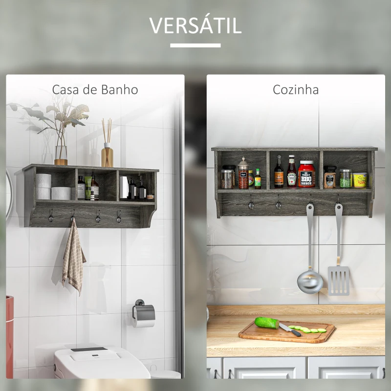 HOMCOM Móvel Cabide de Entrada Prateleira Flutuante com 4 Ganchos e 3 Compartimentos 80x24x35,5cm Cinza Escuro
