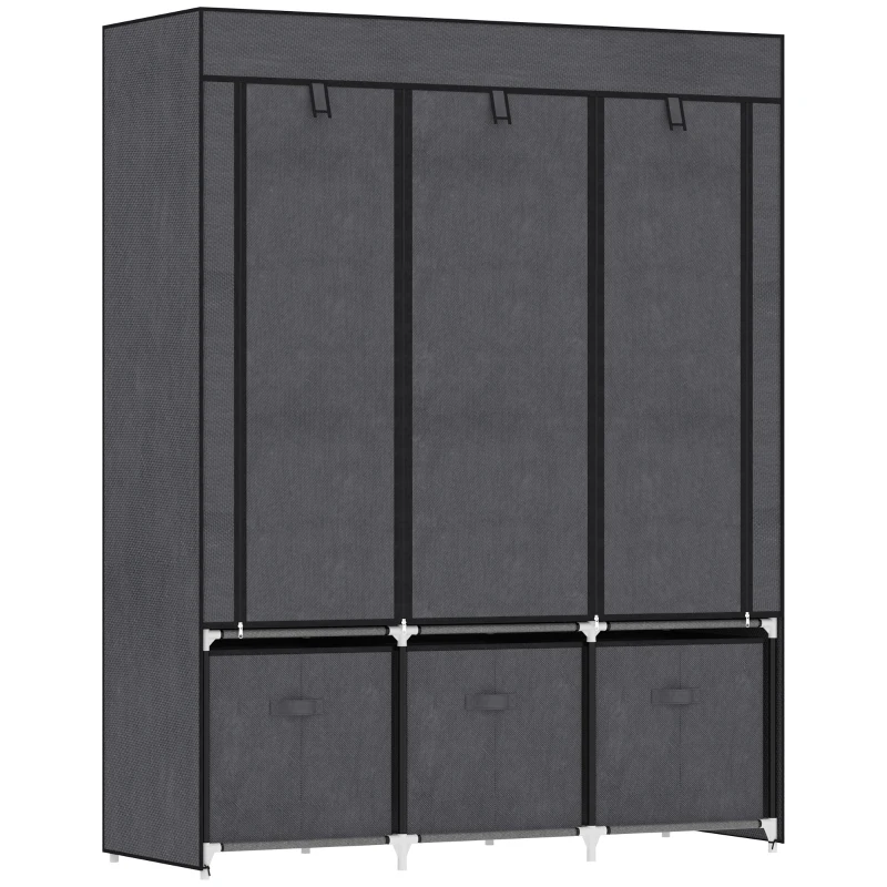 HOMCOM Fabric Wardrobe for Bedroom, Portable Wardrobe with 5 Shelves, 2 Hanging Rails and 3 Fabric Drawers, Foldable Closet, 125 x 43 x 162.5cm, Dark Grey