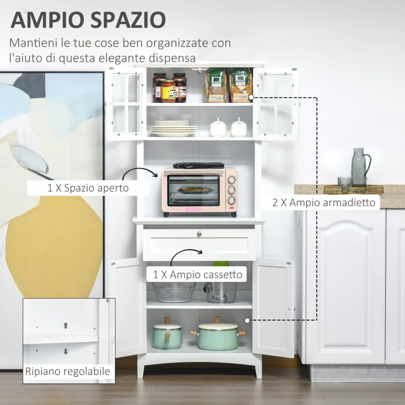 HOMCOM Mobile Dispensa Alto con 2 Armadietti, Ripiani Regolabili e Piano d'Appoggio, in MDF, 68.6x40x164 cm, Bianco