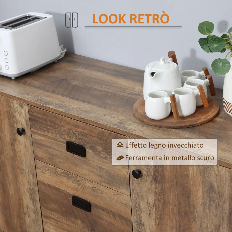 HOMCOM Credenza Moderna in Truciolato e Metallo con 2 Armadietti a 2 Ante con Ripiani e 3 Cassetti, 120x39.5x77 cm