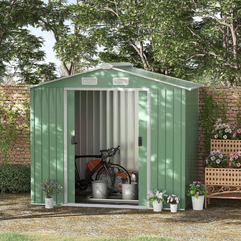 Outsunny gereedschapsschuur, tuinhuisje, met schuifdeuren, fundering, weerbestendig, staal, groen, 213 x 130 x 185 cm(m-13)