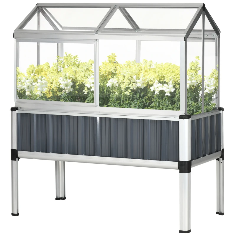 Outsunny verhoogd bed met serre, serre met raam, weerbestendige koelbox voor terras, achtertuin, balkon, donkergrijs, verzinkt staal, 114 x 60 x 129 cm
