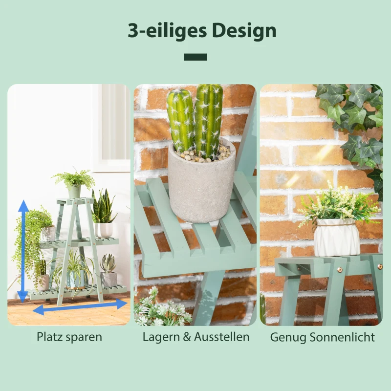 Outsunny plantenrek, bloemenrek met 3 treden, plantentrap voor 6 bloempotten, plantenstandaard voor tuin, balkon, hout, lichtgroen, 76 x 26 x 76 cm